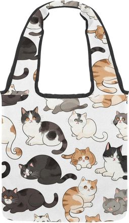 Generic Cute Cartoon Kitten Reversible Canvas Shoulder Tote - Double-Sided Print, 12oz Cotton, 27cm Drop, Fold-Flat Bag for Travel, Shopping, Street Outings