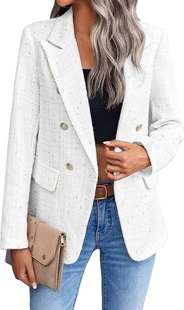 Generic Womens Tweed Blazer Elegant Lapel Collar Notched Lapel Long Sleeve Slim Fit Suit Jacket Business Casual Autumn Cardigan Office Wear for Work Wedding a