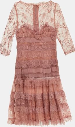 Elie Saab Pink Lace Ruffled Knee Length Dress