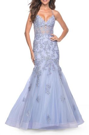 La Femme Mermaid Lace Embellished Gown with Illusion Top in Lilac Mist at Nordstrom, Size 16