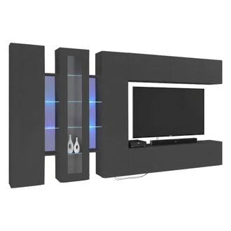 Dmora Dmora - Pared Equipada Dfilard, Conjunto De Sal&oacute;n Con Soporte De Tv, Mueble De Sal&oacute;n Con Vitrina Y Luz Led, 100% Made In Italy, Cm 320x30h180, Antraci