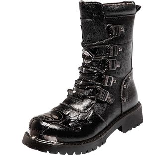 Generic Mens Boots Classic Mid Calf Combat Boots Casual Punk Rock Motorcycle Boots Fashion Strap Metal Riding Boots Comfortable Outdoor Mens Shoes UK