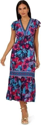 Adrianna Papell Midi Dress Womens Navy Floral Smocked Flutter Sleeve KFC961