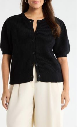 Nordstrom Puff Sleeve Cotton & Merino Wool Cardigan in Black at Nordstrom, Size 2X