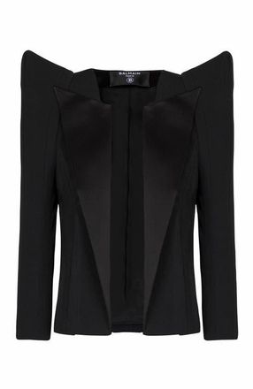 Balmain Cropped Grain De Poudre Jacket With Structured Shoulders in Black at Nordstrom, Size 38