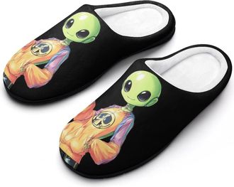 Generic Aliens Peace Sign Mens House Slippers Memory Foam Washable Cotton Slip on Home Shoes