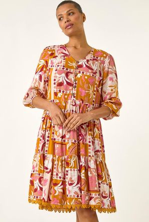 Roman Patchwork Smock V-Neck Dress