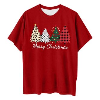Generic Women T Shirts Christmas Fashion Santa Crew Neck Tunic Top Light Dwarf Short Sleeve Printed Tee Shirt Loose Outdoor Ladies Streetwear(Red, XXL)