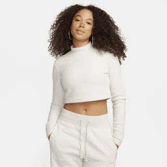 Nike Womens Nike Sportswear Phoenix Plush Slim Mock-Neck Long-Sleeve Cropped Cozy Fleece Top in Brown | FN3619-104