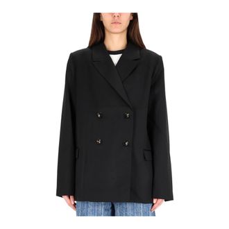 Ganni Double-Breasted Oversized Blazer - Dames - Blazers - Zwart - S - Wol - Jassen