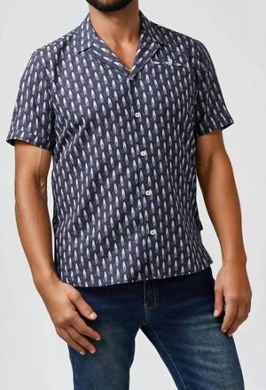 Stone Rose Buonasera Surf Skull Linen Resort Shirt In Navy