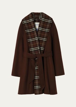 Burberry Verona Check Lapels Belted Double-Wool Wrap Coat