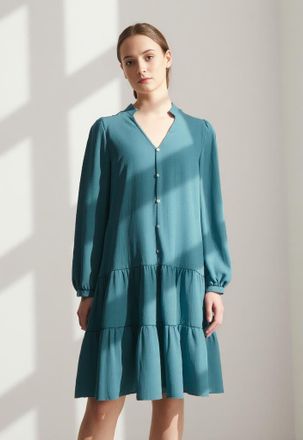 Melrose Blusenkleid MELROSE, Damen, Gr. 34, N-Gr, blau (petrol), Web, Obermaterial: 100% Polyester, unifarben, figurumspielend mini, V-Ausschnitt, Kleider Blu