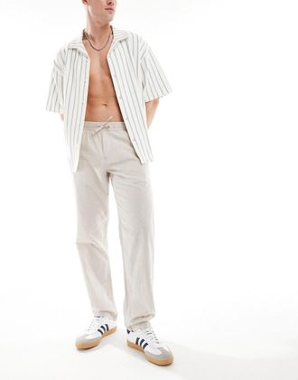 Jack & Jones straight leg pull on linen mix pants in beige-Neutral