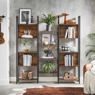 Vasagle Large 14 Shelf Metal Bookcase Industrial Frame Home Office in Brown