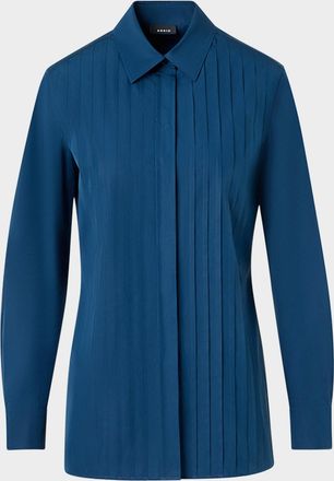 Akris Pleated Front Cotton Poplin Button-Down Shirt