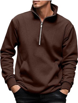 Generic Half zip Sweatshirts for Men UK Fashion Solid Color Stand Collar Jackets Fleece Lined Warm Turtleneck Pullover Classic Loose Fit Long Sleeve Sweatshir