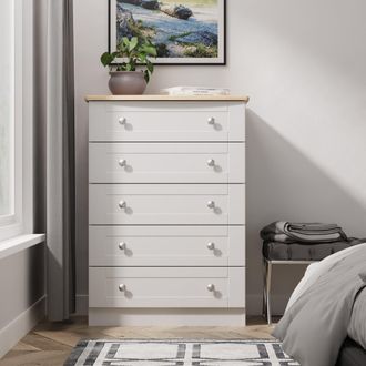 Welcome Furniture Tutbury Ready Assembled 5 Drawer Chest in Grey Ash & Bardolino Oak - Welcome Furniture | TJ Hughes