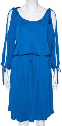 Roberto Cavalli Blue Jersey Cold Shoulder Tassel Tie Detailed Belted Dress