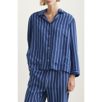 Mango Stripe Button-Up Pajama Shirt in Indigo Blue at Nordstrom, Size Medium