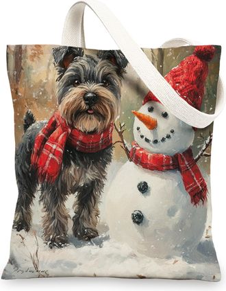 Generic Winter Christmas Scottish Terrier Dog Canvas Tote Bag for Shopping 13x15, Snowman Xmas Puppy Pet Reusable Grocery Print Bag for Women Men, Holiday Aes