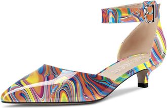 Castamere Womens Low Kitten Heel Pointed Toe Ankle Strap Pumps Court Shoe Cute Dress Two-Piece Buckle Sandals 3.5 CM Heels Multicolor Patent 8 UK