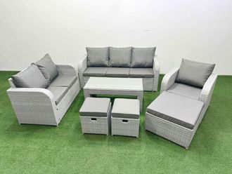 Fimous Patio PE Wicker 9 Seater Outdoor Rattan Furniture Sofa Sets w/ Oblong Coffee Table Reclining Chair Loveseat Sofa 3 Seater Sofa Stool Light Grey