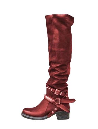 Generic Womens Winter Leather Punk Style Knee Boots Vintage Stud Zip Belt Buckle Plus Size Boots