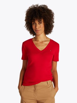 Tommy Hilfiger T-Shirt TOMMY HILFIGER SLIM CODY V-NK SS mit V-Ausschnitt und Streifen, Damen, Gr. XS (34), rot (primary rot), Jersey, Obermaterial: 100% Baumwolle, u
