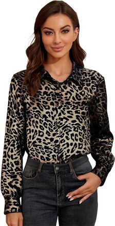 Generic Women Leopard Print Satin Shirts Dressy Silk Long Sleeve Button-Down Shirt with Collar Casual Business Loose Shirt Ladies Longline Blouse Light Collar