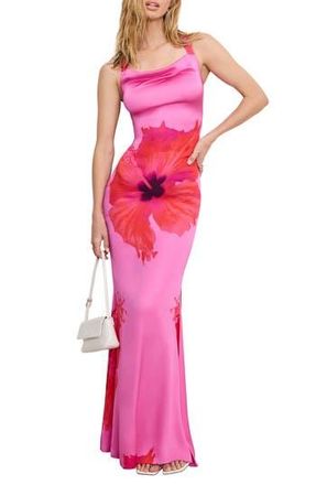 Good American Satin Lace-Up Maxi Slipdress in Pink Hibiscus002 at Nordstrom Rack, Size Medium