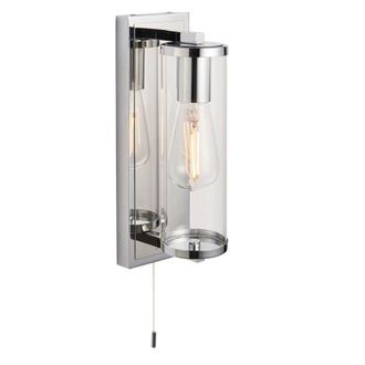 Loops Chrome Bathroom Wall Light & Cylinder Glass Shade - IP44 Rated - Modern Sconce in Clear