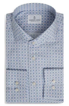 Emanuel Berg Modern Fit Luxury Cotton Dobby Dress Shirt in Medium Blue at Nordstrom, Size 41