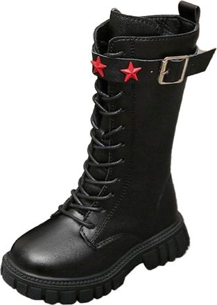 Generic Girls Lace-Up Mid Calf Combat Boots with Side-On Zipper Round Toe Water Proof Comfortable Warm Shoes Chunky Heel Non-Slip Casual Punk Goth Riding Walk