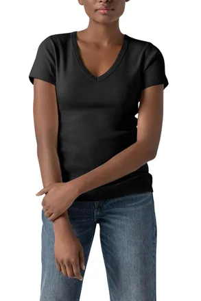 Lilla P Short Sleeve V Neck Tee Top In Black