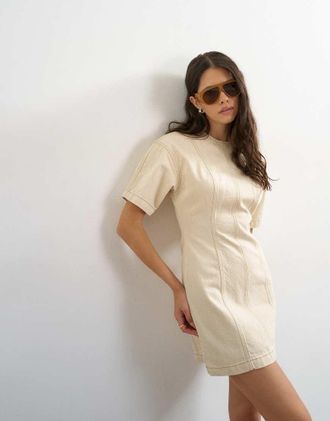 Topshop Vestito corto in denim a maniche corte color osso-Bianco