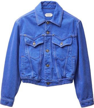 Versace Cropped Jacket In Vibrant Blue Hue With Classic Collar