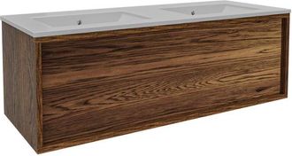 Saniclass Holz Frame Badkamermeubelset - 120x45x40cm - keramische wastafel wit - 2 wasbakken - zonder kraangaten - 1 lades - Walnut pure