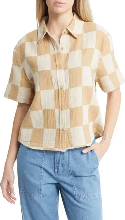Brixton Mykonos Check Cotton Camp Shirt in Sand at Nordstrom, Size Small