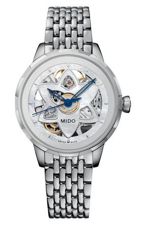 Mido Rainflower Blossom Skeleton Automatic Bracelet Watch, 34mm in White Mother Of Pearl at Nordstrom
