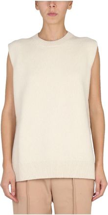 Jil Sander Fijne Cashmere Gilet met Slitten - Dames - Ronde hals truien - Beige - XS - Truien & Vesten