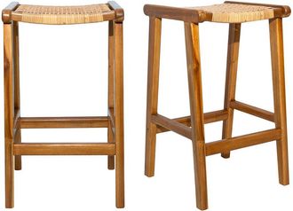 Miliboo Sgabelli da bar etnici in legno massello di teak e motivo a intreccio rattan H65 cm (set di 2) GAWA