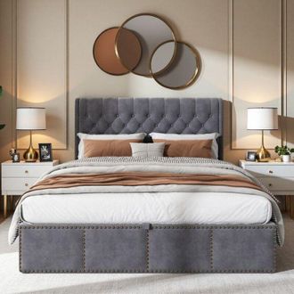 OEM Lit Doble Cofre Hidr&aacute;ulico 160x200cm - Almacenamiento Silencioso, Terciopelo Gris Anti-manchas Y Dise&ntilde;o Moderno