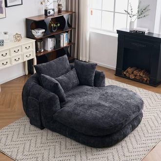 Matteo Oversized Plush Chenille Chaise Lounge Sofa in Black