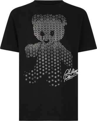Philipp Plein Tops, Heren, Zwart, L, Katoen, T-shirt met ronde hals Teddy Strass Teddybeer
