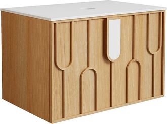 Vente-Unique Mueble de ba&ntilde;o suspendido texturizado con encimera de piedra sinterizada - Natural claro - An. 75 cm - MERKAN