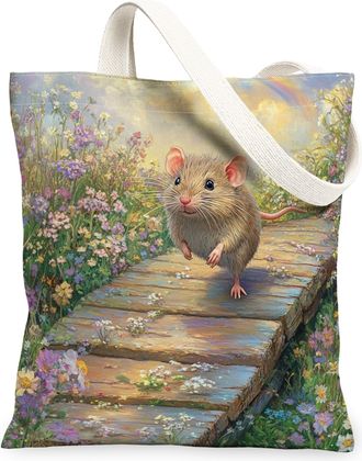 Generic Spring Rat Mouse Canvas Tote Bag for Shopping 13x15, Country Garden Animal Reusable Grocery Print Pattern Bag for Women, Fun Flower Scenic Beach Aesth