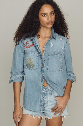 Pilcro Long-Sleeve Embroidered Icon Denim Buttondown Shirt