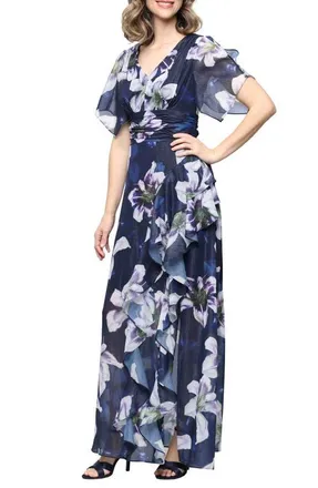 S.L. Fashions Metallic Floral Print Chiffon Dress in Navy Multi at Nordstrom, Size 14