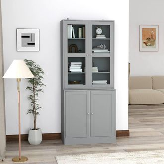 HOMCOM Modern Bookcase Display Storage Cabinet w/ Doors Adjustable Shelves in Grey